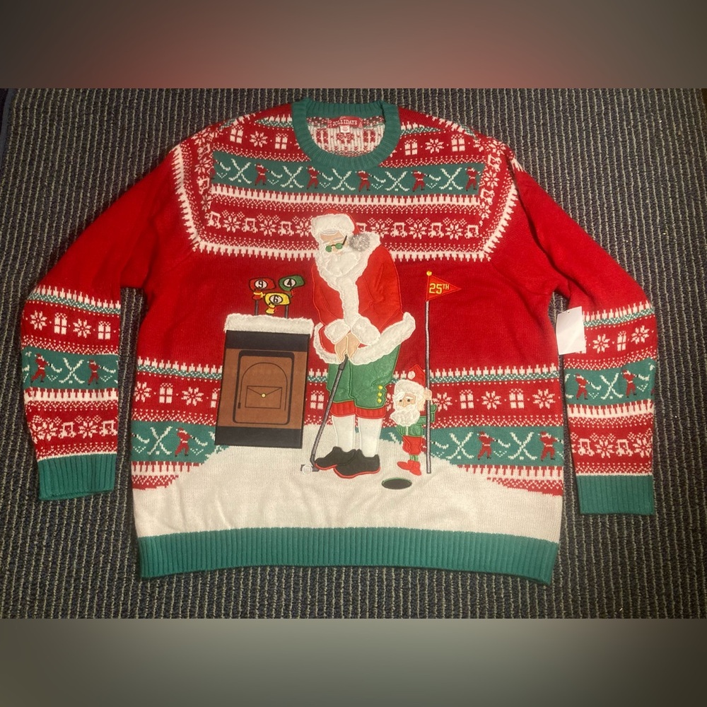 NWT Santa Claus Golf 25th Hole Elf Big and Tall Ugly Xmas Christmas Sweater